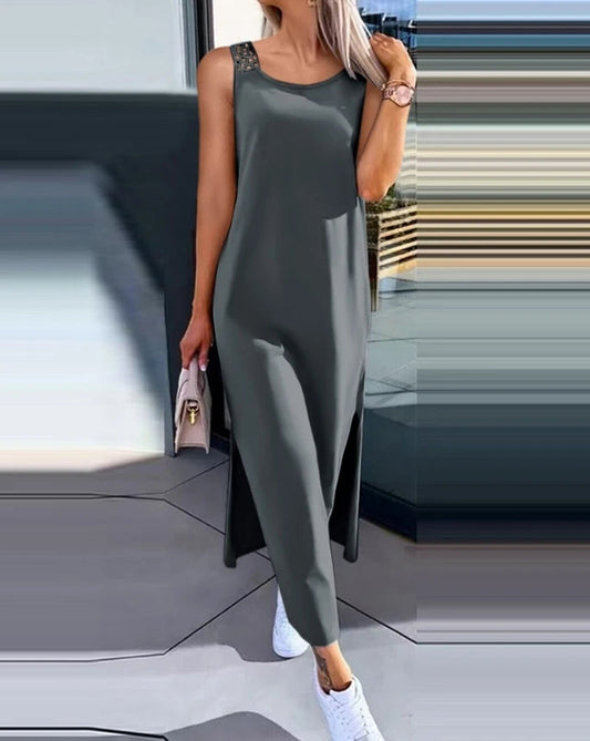 Womens Dresses 2024 Summer Fashion Slit Hollow-Out Casual Plain Round Neck Sleeveless Daily Straight Mid-Calf Dress Good Vibrations