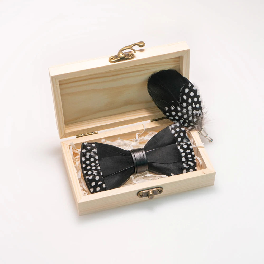 Wedding Bow Tie for Men handmade feather bow tie black white Pre-tied bowtie brooch wooden box Set for Party birthday Gift Good Vibrations