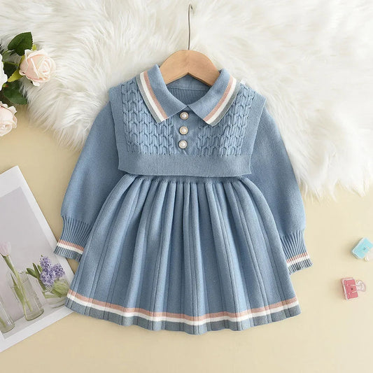 Bear Leader Kids Dresses for Girls Pearl Button Tricolor Striped Lapel Knit Skirt Winter College Style Children's Clothing Good Vibrations
