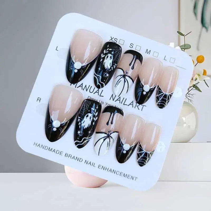 10Pcs Halloween Short Almond Shape Atmosphere Clown Black and White Ghost Spider Press on Nails Nail Patch False Nails Nails Art Good Vibrations