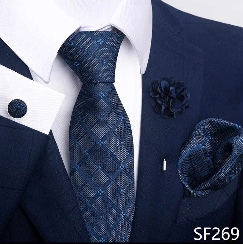 Luxury Mens Ties Floral Black Gold Ties Paisley NeckTie Pocket Square Cufflinks Brooch Set Men's Wedding Party Tie Good Vibrations