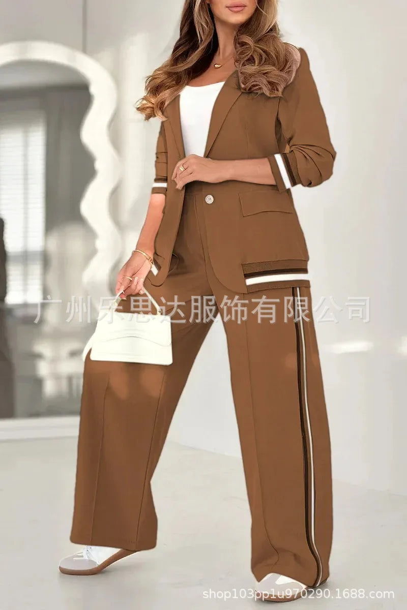 Women Suit Jacket 2 Piece Sets Striped Blazer Coat Turn Down Collar Single Breasted Wide Leg Pants Ensemble Office Lady Outfits Good Vibrations