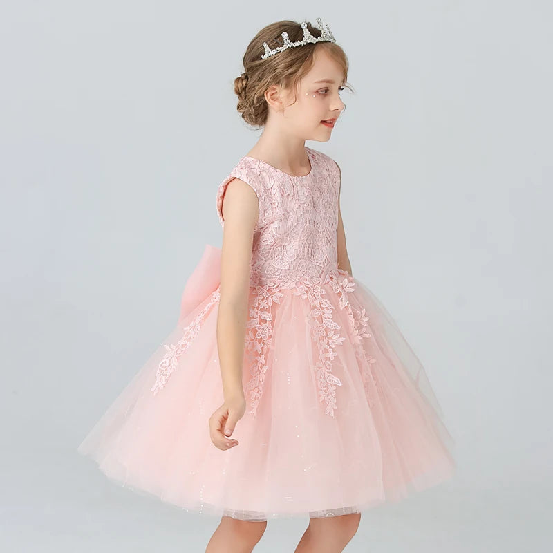 BX8991 White Lace Flower Girl Dress Bows Children's First Communion Dress Girls Sleeveless Princess Dresses Good Vibrations
