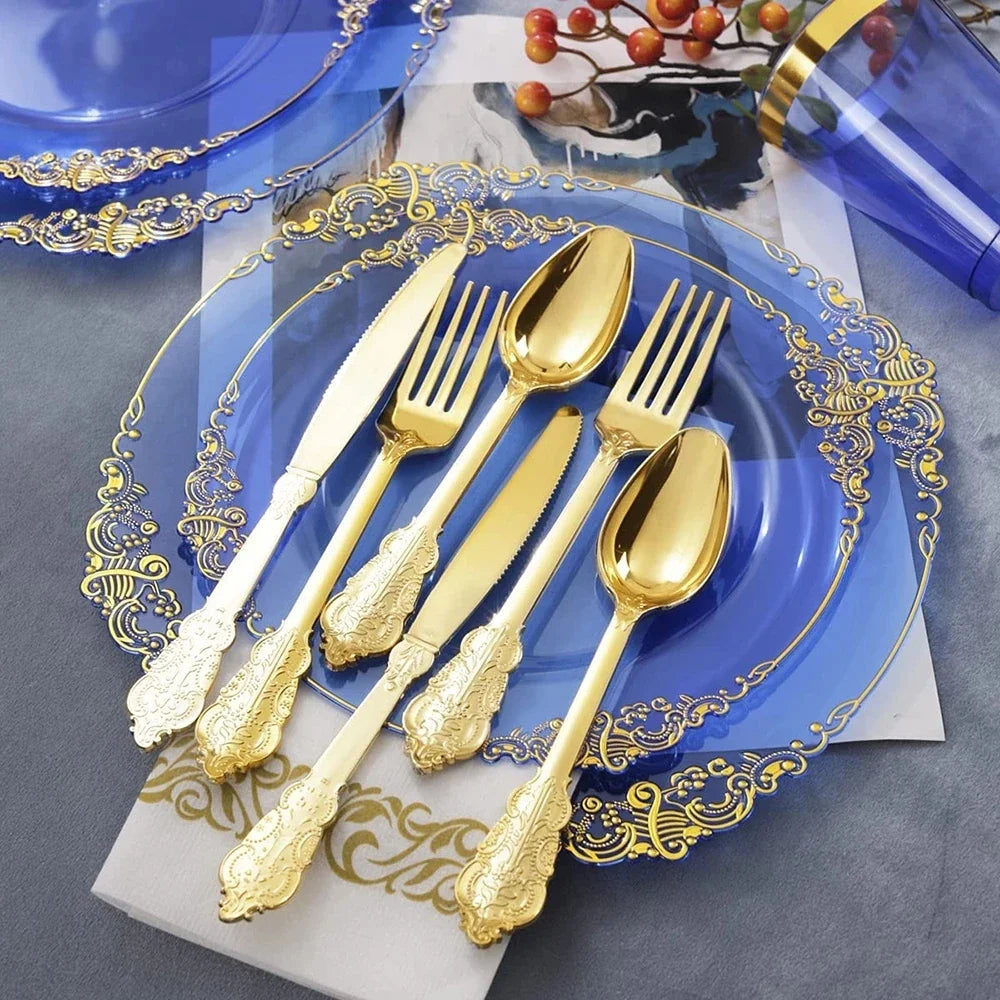 10pcs Disposable Cutlery Clear Blue Plastic Dinner Plate Gold Plastic Silver Cutlery Cup Napkin Set Birthday Decorations Good Vibrations