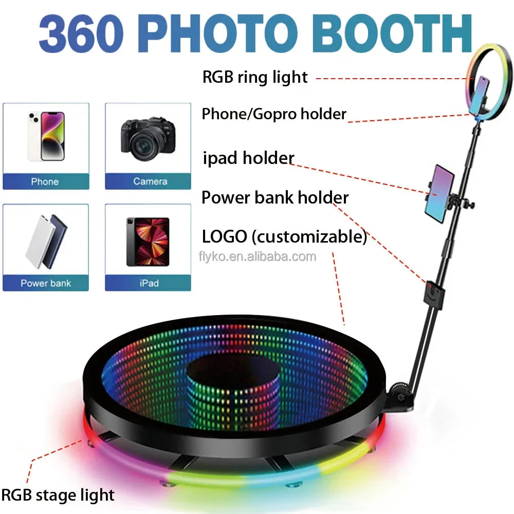 360 Photo Booth Machine 80-100cm with RGB Ring Light, Free Logo, rotating 360 Video Photo Booth for 1-5 People with Flight Case Good Vibrations
