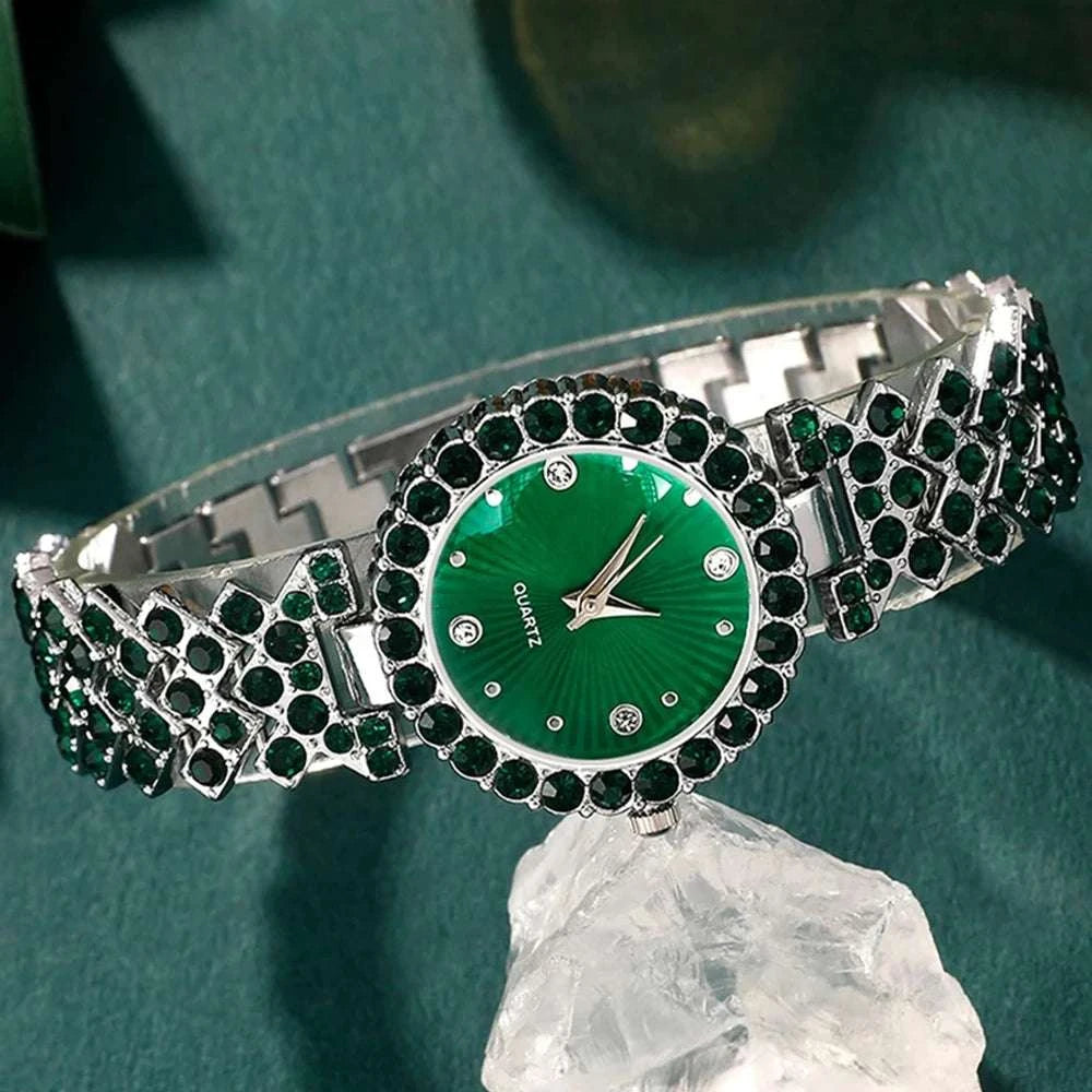 Women Fashion Watches Heart Rhinestone Ring Necklace Earring Jewelry Set Luxury Dress Quartz WristWatch Simple Elegant Watch Gif Good Vibrations Adult Super Store