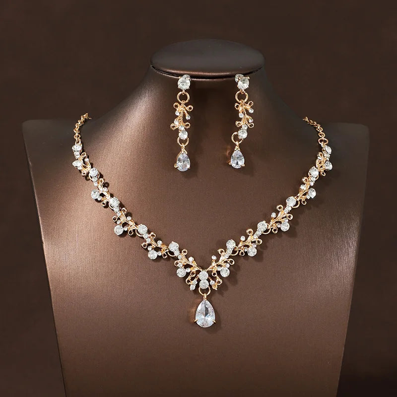 Bridal Wedding Jewelry 4-piece Set, Alloy Crystal Crown&Crystal Necklace&Earrings Women's Classic Wedding Tiaras Good Vibrations