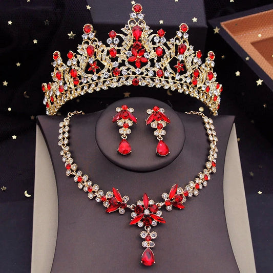 Red Bridal Jewelry Sets for Women Tiaras Crown Necklace Earrings Set Wedding Dress Bride Costume Accessories Good Vibrations