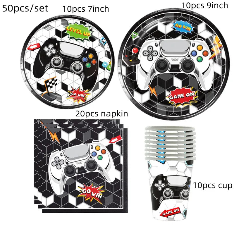 Video Game Party Supplies Set Birthday Decorations Happy Birthday Gaming Backdrop Game On Table Covers Gamer Banner Balloons Good Vibrations