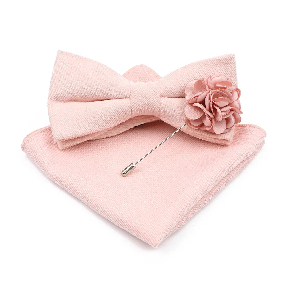 Mens Solid Color Cotton Bowtie Pocket Square Brooch Sets Pink Blue Super Soft Suede Bow Tie Handkerchief For Wedding Party Gift Good Vibrations