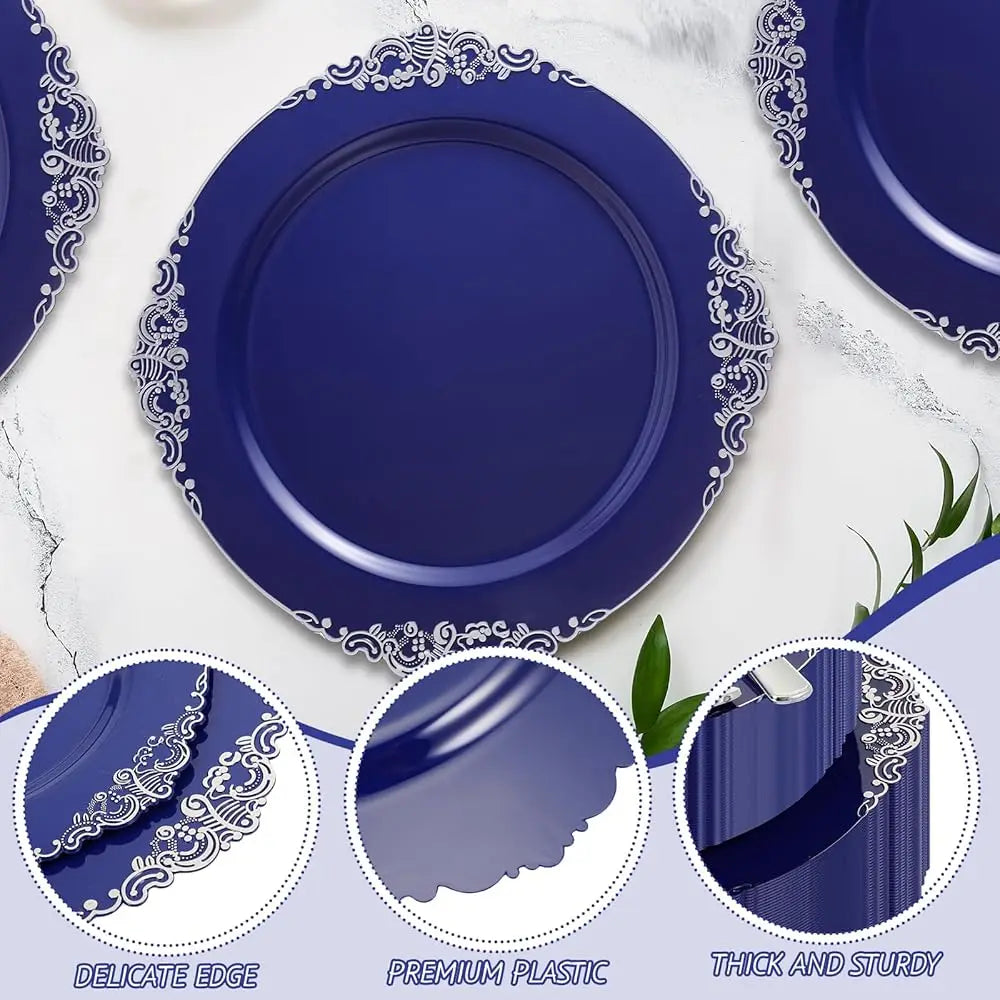 300 Pcs Navy Blue Plastic Plates Heavy Duty Blue And Silver Disposable Dinnerware, Lude 50 10. 2"" Dinner Plates, 50 7. Good Vibrations