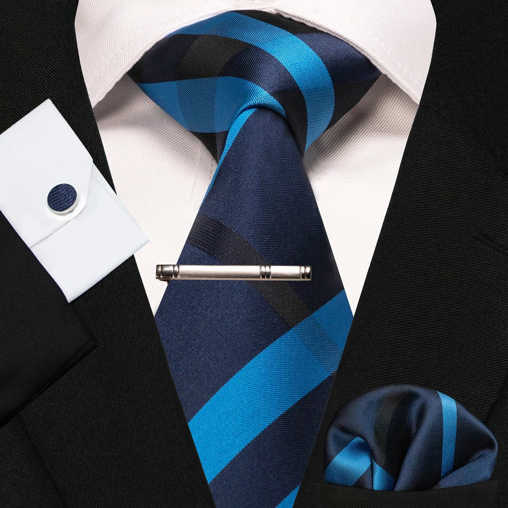8cm Silk Mens Ties Green Black Ties plaid stripe NeckTie Pocket Square Cufflinks Tie clips Set Men's Wedding business Party Tie Good Vibrations