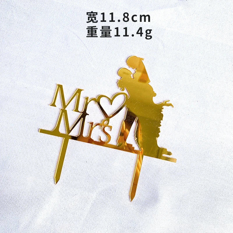 Mrs & Mrs Wedding Party Cake Topper Gold Black Ring Acrylic Wedding Cake Toppers Dessert Decoration Bride Groom Baking Supplies Good Vibrations