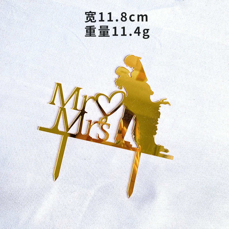 Mrs & Mrs Wedding Party Cake Topper Gold Black Ring Acrylic Wedding Cake Toppers Dessert Decoration Bride Groom Baking Supplies Good Vibrations