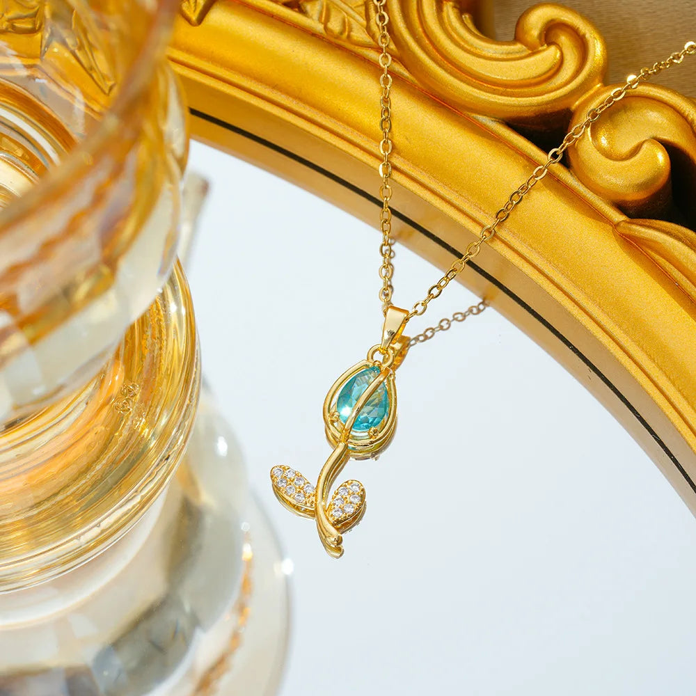 Colorful Zircon Tulip Pendant Necklaces for Women Girls Stainless Steel Chain Trendy Romantic Jewelry Accessories Gifts Good Vibrations
