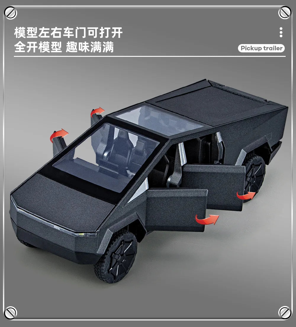 1:32 Toy Trucks for Boys Cybertruck Model Silver Pickup Truck Diecast Metal Toy Cars with Sound and Light for Kids Good Vibrations