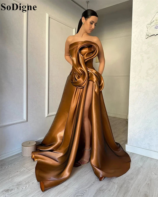 SoDigne Elegant Brown Evening Dresses A-Line Draped High Split Ruffles Strapless Long Party Dress Modern Prom Gowns Customized Good Vibrations
