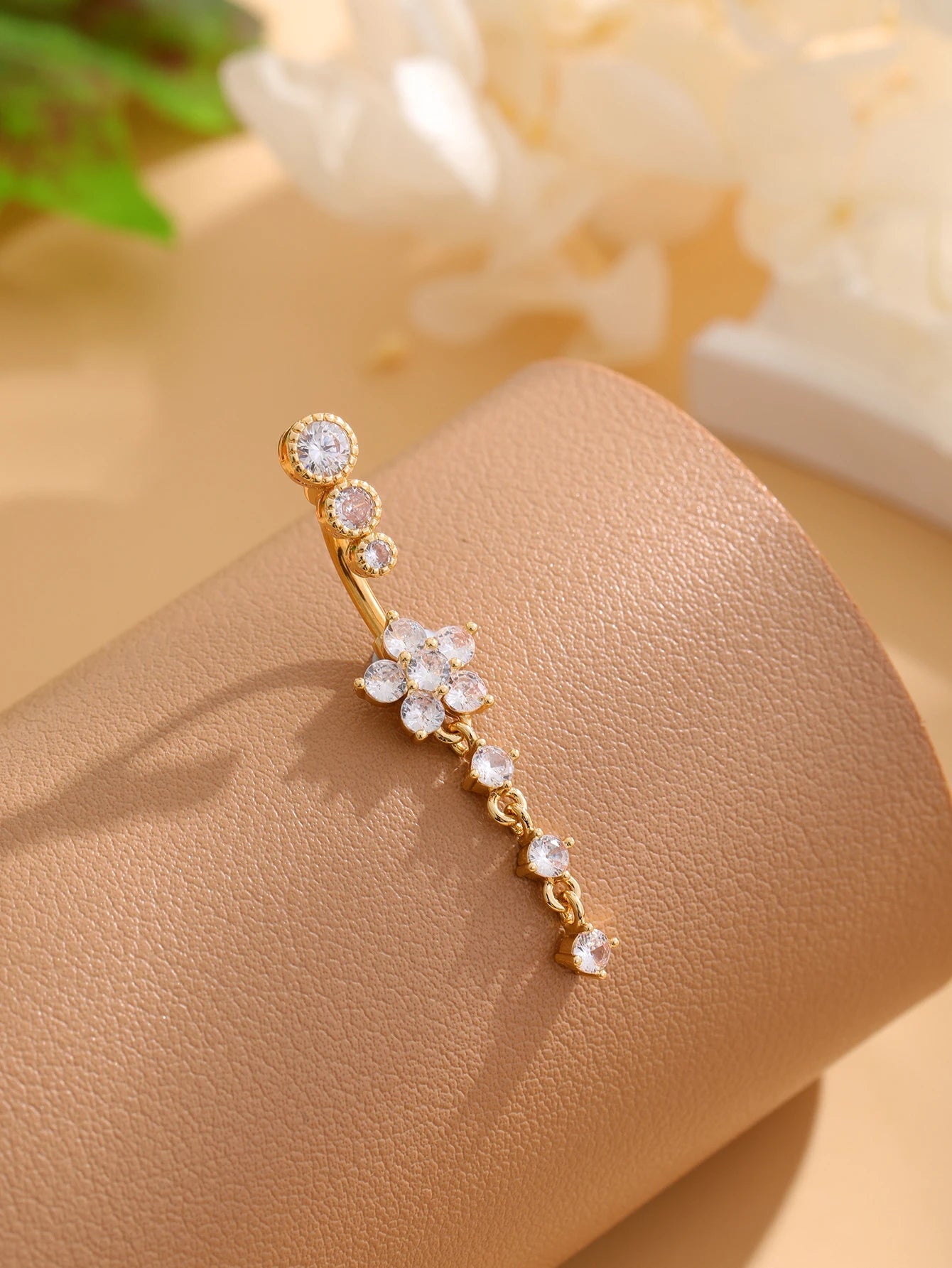 Gold Color Stainless Steel Belly Button Ring Long Dangled Flower CZ Crystal Navel Belly Piercing Rings for Women Sexy Jewelry Good Vibrations Adult Super Store