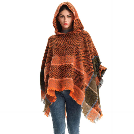 New Autumn Winter Fishbone Pattern Women's Hooded Cape Pullover Cape Women Poncho Lady Capes Black Cloaks Good Vibrations