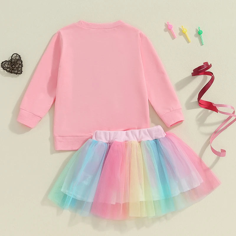Citgeett Autumn Kids Toddler Girl Birthday Outfit Letter Embroidery Long Sleeve Sweatshirt Rainbow Tulle Skirt Set Fall Clothes Good Vibrations