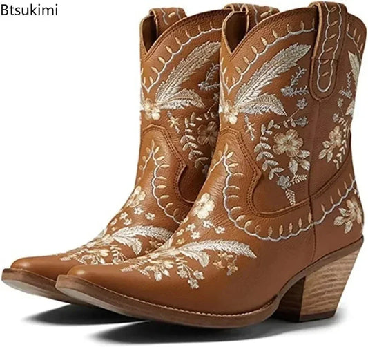 New 2025 Embroidered Western Boots For Women Ankle Bootie Cowboy Cowgirls Flower Print Fashion Chunke Heel Slip On Ankle Boots Good Vibrations