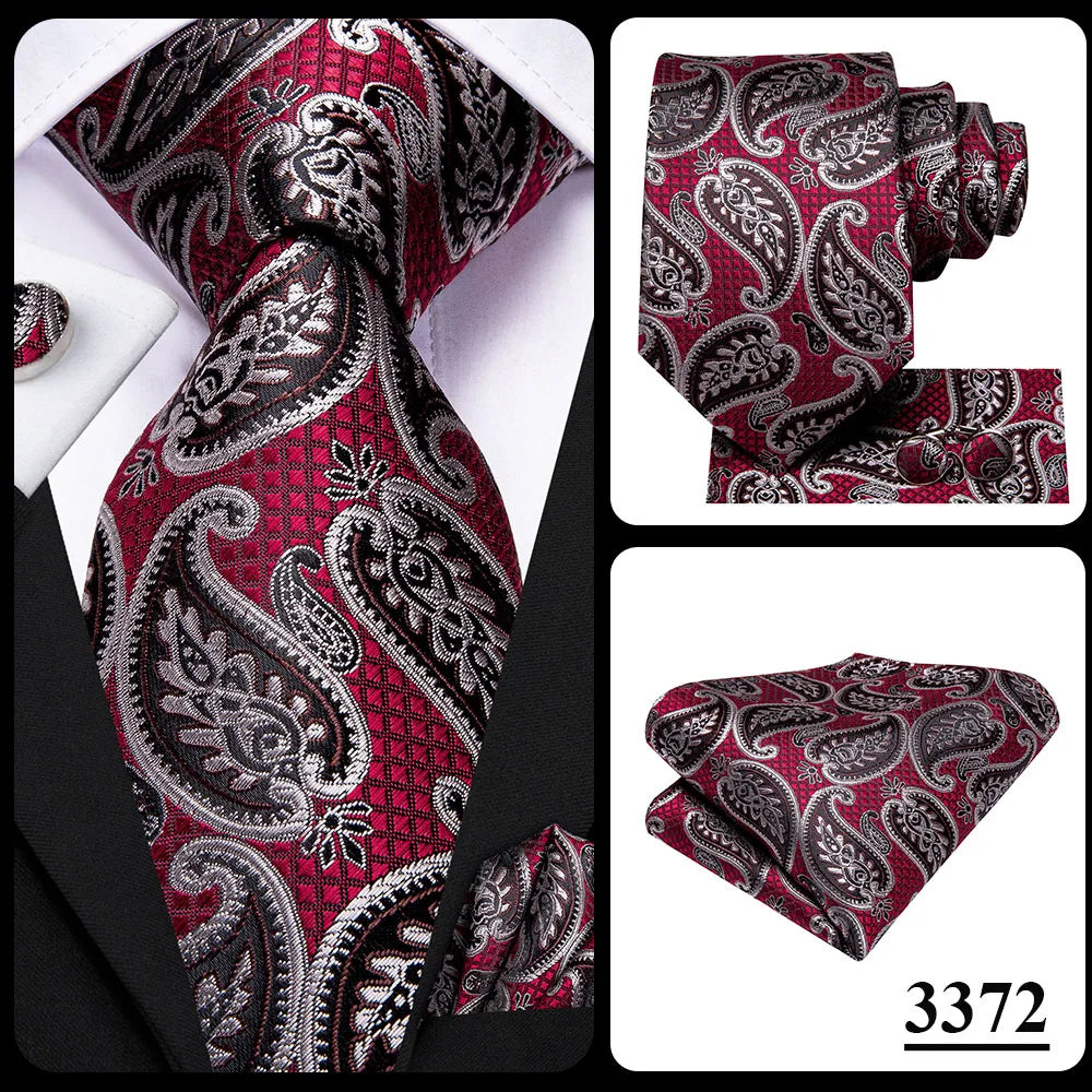 Hi-Tie Designer Red Burgundy Plaid Silk Wedding Tie For Men Handky Cufflink Gift Mens Necktie Fashion Business Party Dropshiping Good Vibrations