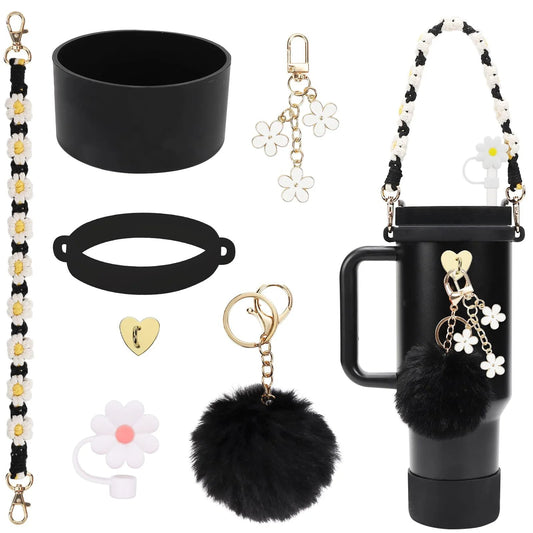 hand-made straw cap case Charm chain pendant lot Accessories Initial Keychain Handle for Stanley cup bottle Tumbler for Women Good Vibrations