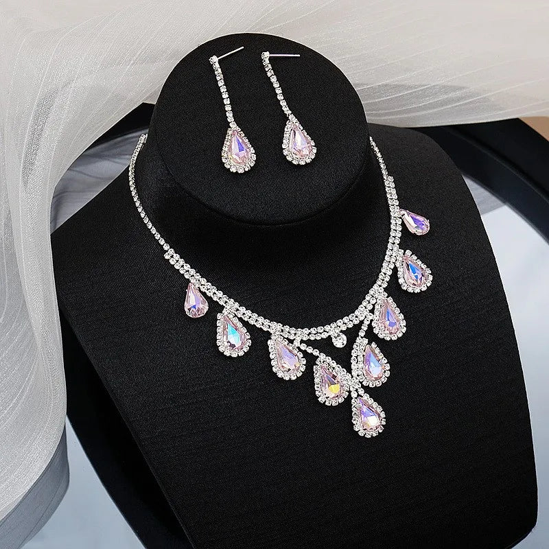 Bridal Wedding Jewelry Women Silver-Plated Rhinestone Long Earrings Dress Accessories Bridesmaid Delicate Crystal Necklace Set Good Vibrations Adult Super Store
