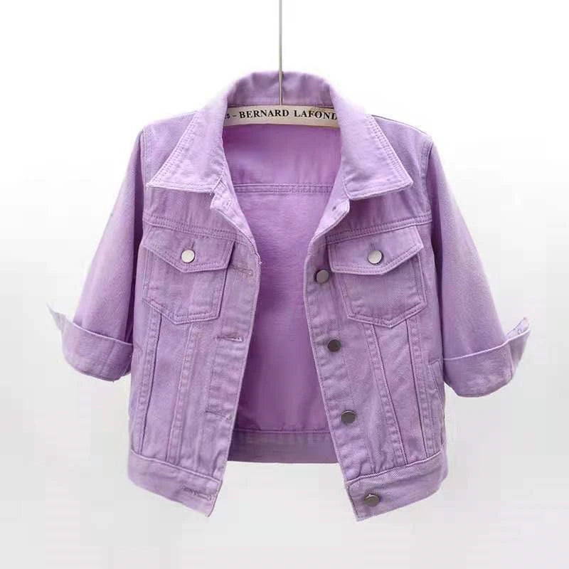 2024 New Women Spring Autumn Denim Jacket Tops Pink Color Solid Short Multicolor Feminino Three Quarter Sleeve Jean Jacket Good Vibrations