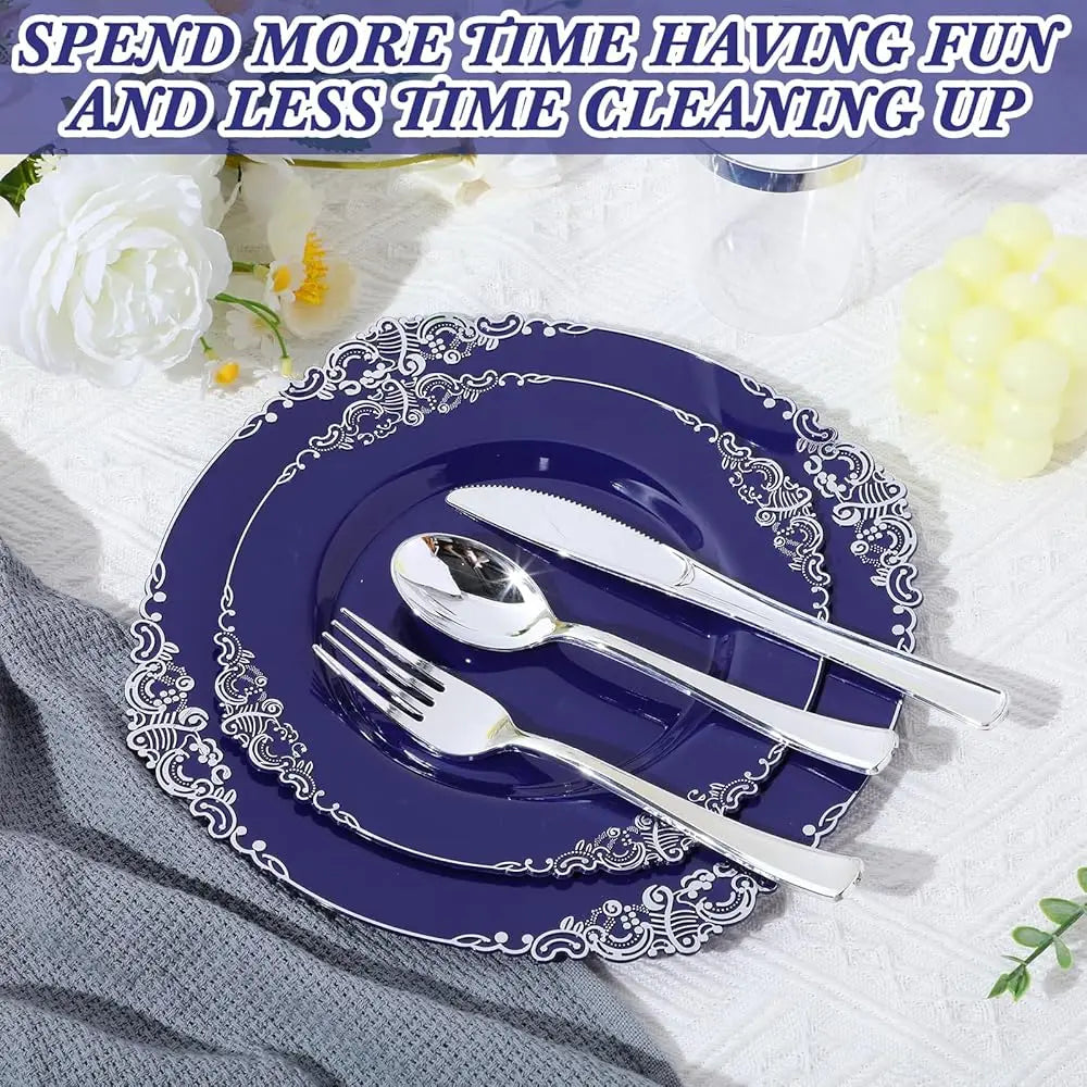 300 Pcs Navy Blue Plastic Plates Heavy Duty Blue And Silver Disposable Dinnerware, Lude 50 10. 2"" Dinner Plates, 50 7. Good Vibrations
