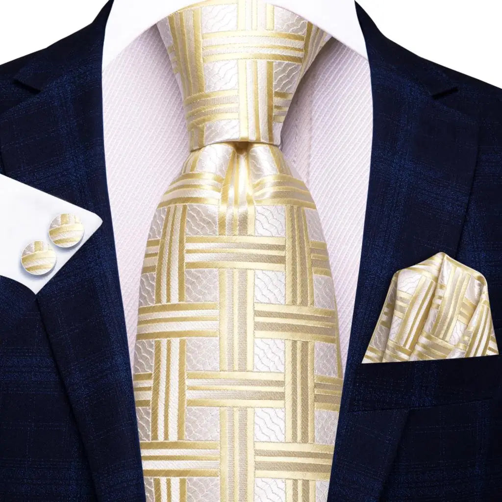 Hi-Tie Champagne Gold Striped Paisley Solid Men Silk Wedding Tie Fashion Design Necktie For Men Hanky Cufflink Business Party Good Vibrations