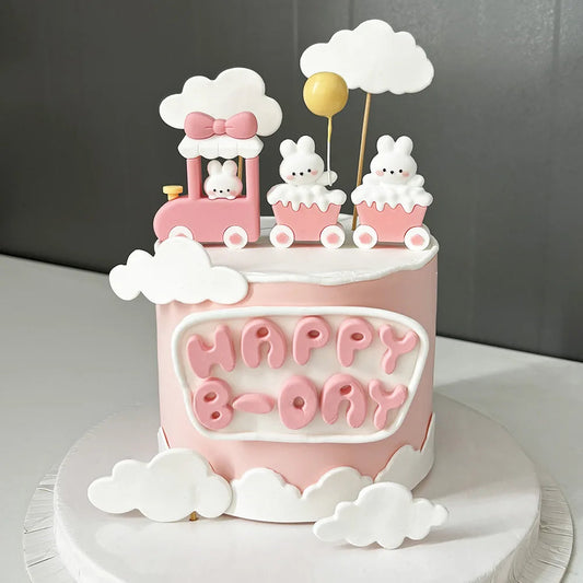 Bunny Train Cake Topper Pink Rabbit Girls Theme Decoration Princess Girl's Years Old Cake Kids Happy 1st Birthday Party Supplies Good Vibrations