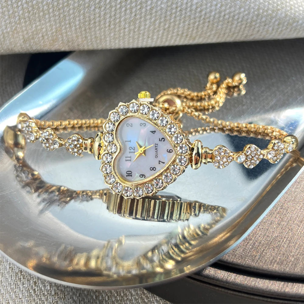New Fashion Heart-shaped Ribbon-Strap Diamond-Studded Flower Watch for Women with Adjustable Bracelet Good Vibrations