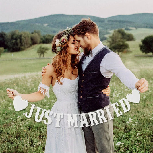 Vintage Wedding Just Married Bunting Banner Bridal Shower Photo Booth Props Rustic Wedding Party Decoration Supplies Good Vibrations
