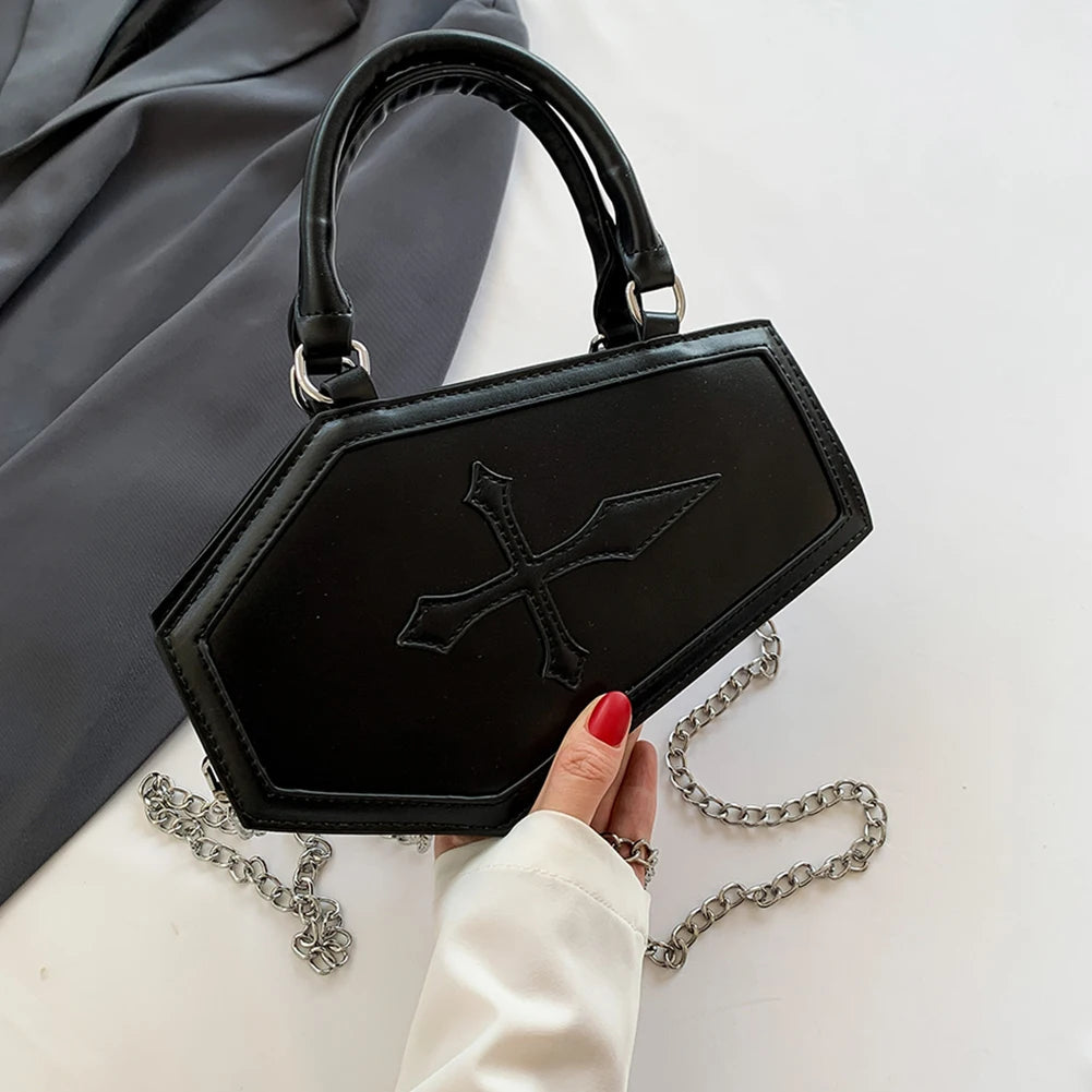 Women Crossbody Bag Large Capacity Coffin Shape Phone Shoulder Bag Halloween PU Top Handle Bag for Travel Make Up Cosmetic Bag Good Vibrations
