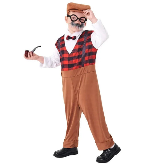 Halloween Cosplay Old Man Costume for Kids 100th Day of School Grandpa Costume Accessories Including Hat Glasses Beard Gangster Good Vibrations