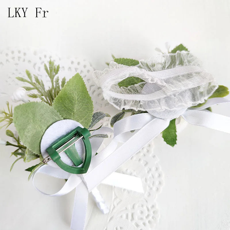 White Boutonniere Wedding Accessories Groom Buttonhole Wrist Corsage Brooch Flowers Artificial Silk Roses Bridesmaids Bracelets Good Vibrations