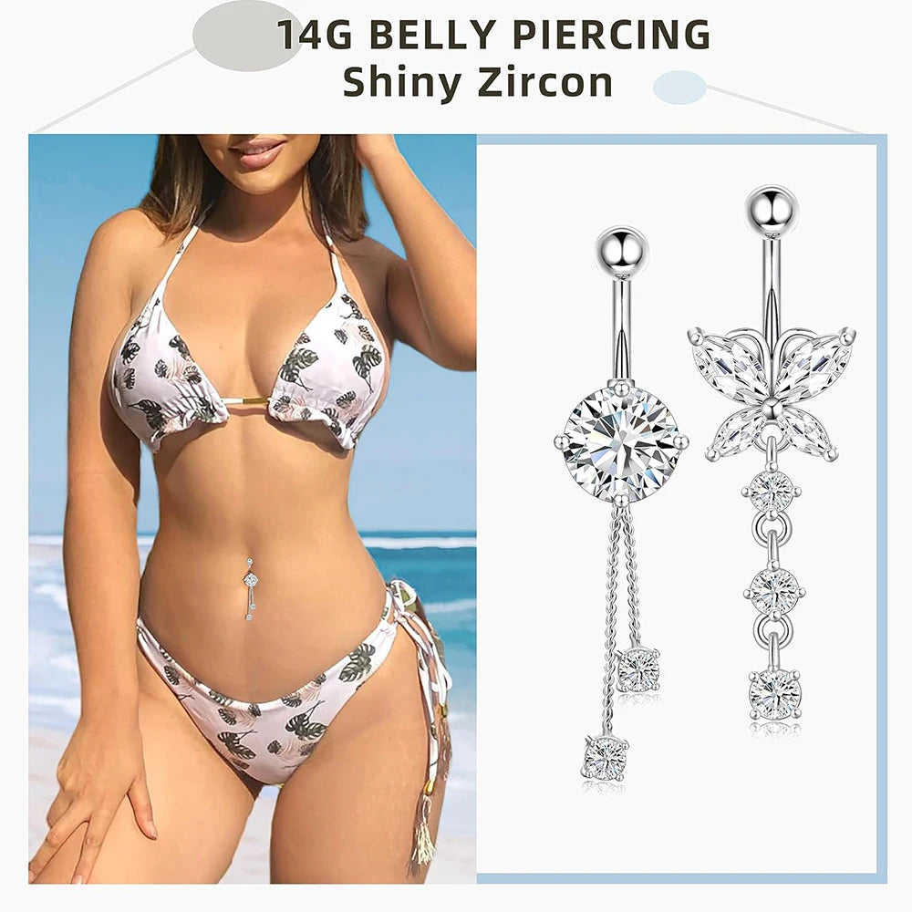 5pcs/lot Dangled Belly Button Rings Belly Piercing Sets 14G Butterfly Heart Curved Navel Piercing for Women Girls Body Jewelry Good Vibrations Adult Super Store
