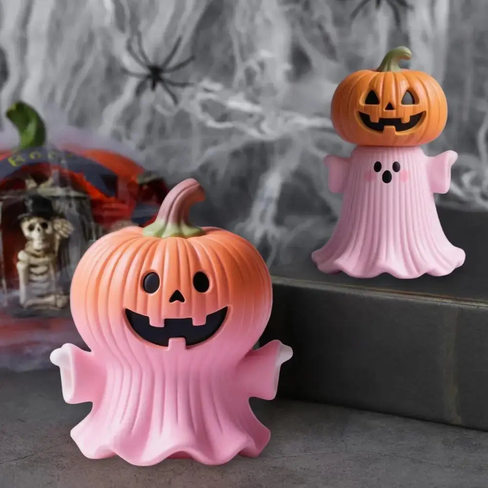Handheld Pumpkin Decoration Halloween Ghost Ornament Pink Halloween Ghost Figurine Set with Pumpkin Decoration Resin for Home Good Vibrations