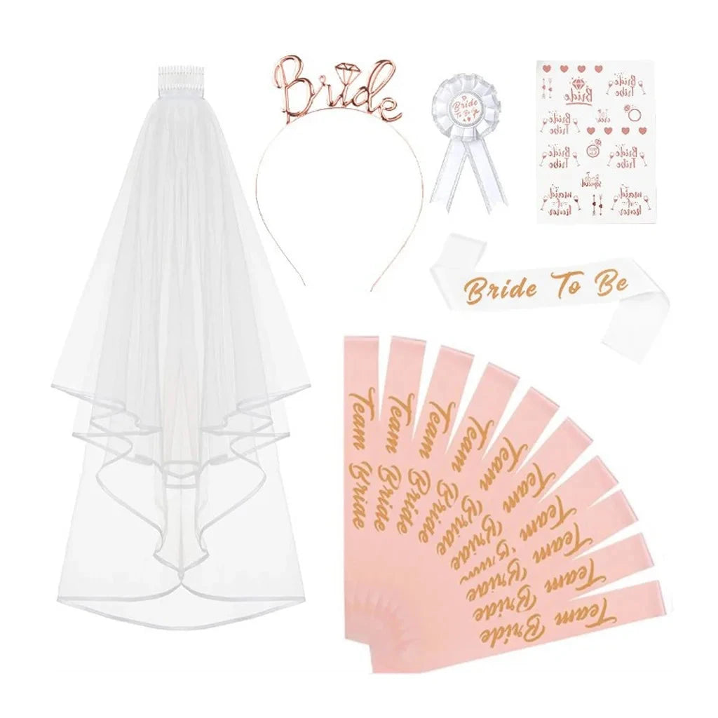 Bachelorette Party Bride To Be Accessory Set - Team Bride Headband Rose Gold Sash Badge & Veil Bridal Shower Celebration Kit Good Vibrations