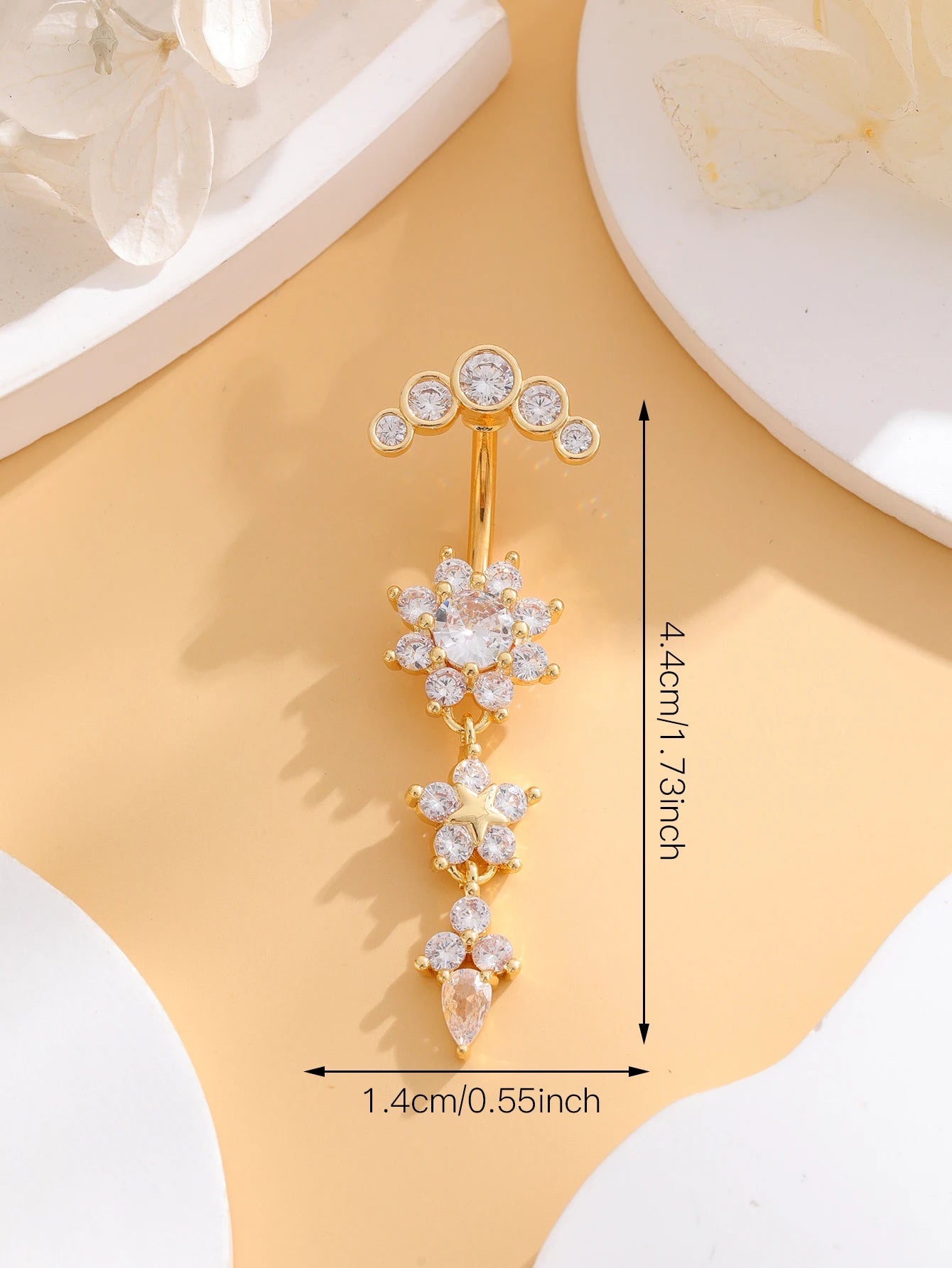 Gold Color Stainless Steel Belly Button Ring Long Dangled Flower CZ Crystal Navel Belly Piercing Rings for Women Sexy Jewelry Good Vibrations Adult Super Store