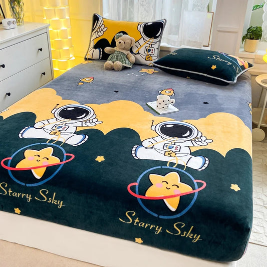 Queen Double Size Bed Sheet Polyester Elastic Fitted Sheet Velvet Soft Flannel Warm Mattress Cover King Full Twin Size Winter Good Vibrations