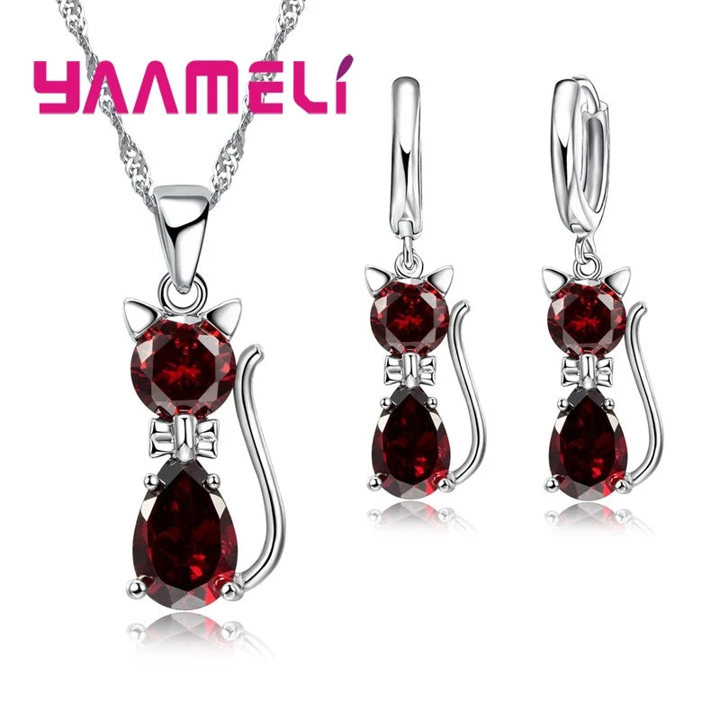 Real 925 Sterling Silver Color Jewelry Sets for Woman Girls Shining Austrian Crystal Cute Cat Pendant Necklace Huggie Earring Good Vibrations