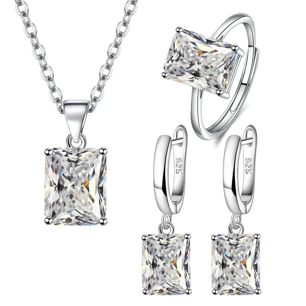 925 Sterling Silver Elegant Jewelry Sets Ring Earrings Necklace For Women Rectangle Geometry Zircon Wedding Accessories Good Vibrations Adult Super Store