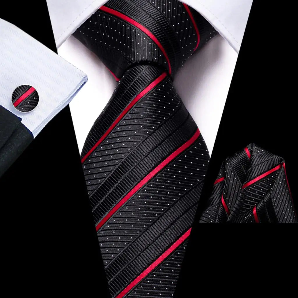 Black Red Striped Silk Wedding Tie For Men Handky Cufflink Gift Men Necktie Fashion Business Party Dropshiping Hi-Tie Designer Good Vibrations