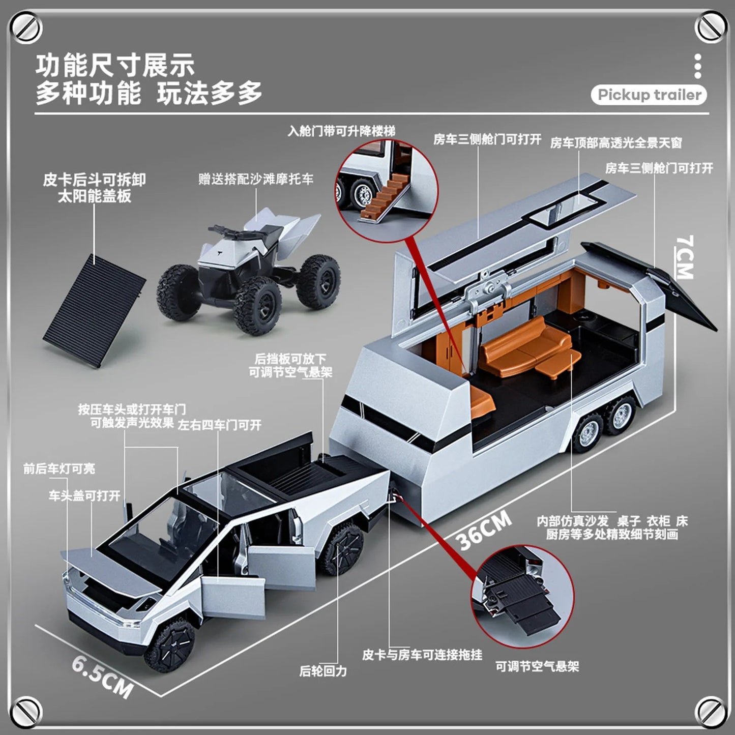 1:32 Toy Trucks for Boys Cybertruck Model Silver Pickup Truck Diecast Metal Toy Cars with Sound and Light for Kids Good Vibrations