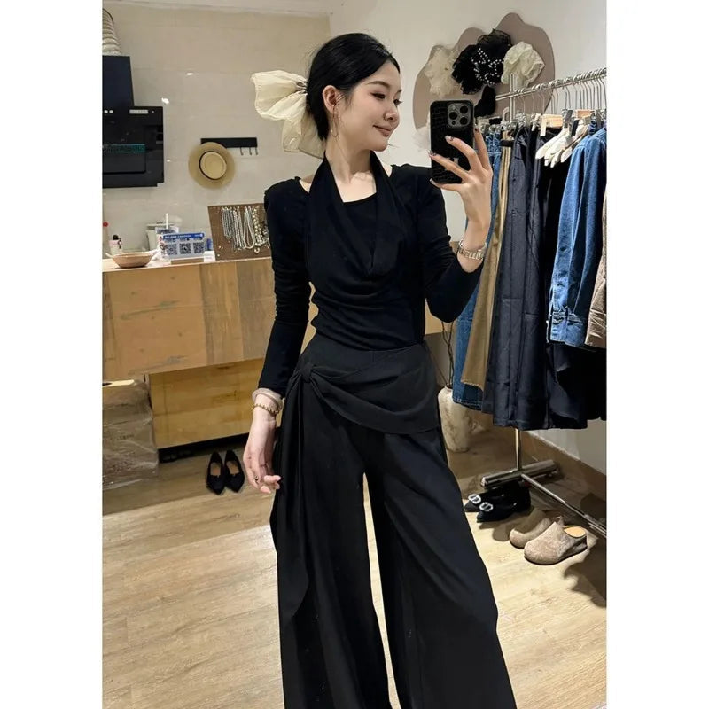 Women's 2-Piece Set: Wrap-Front Long-Sleeve Top Wide-Leg Pants Good Vibrations