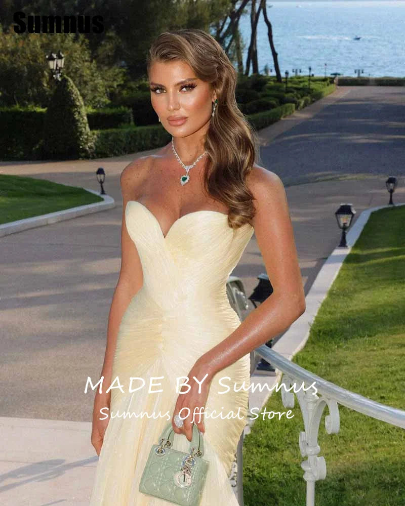 Sumnus Charming Mermaid Yellow Prom Dress Sweetheart Pleats Sleeveless Party Dresses Floor-Length Evening Dress Customized Good Vibrations