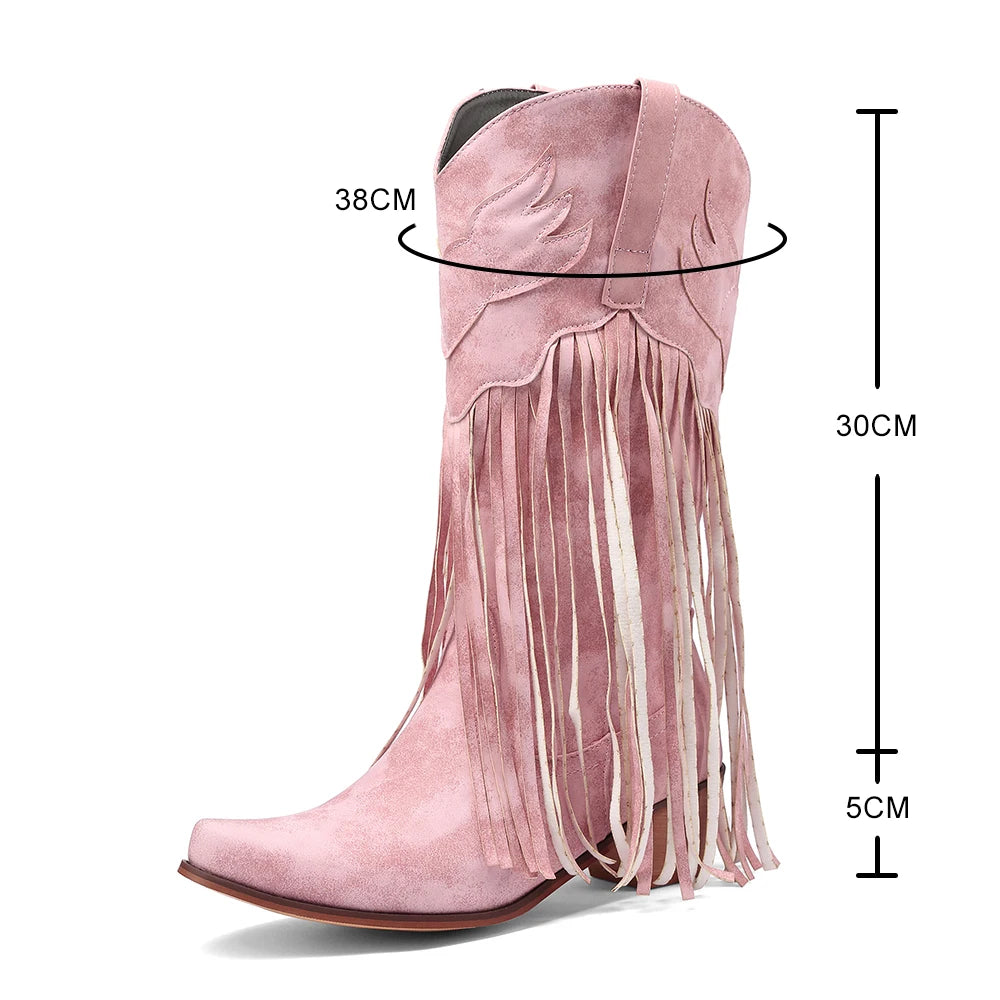 Women Mid-calf Cowboy Boots Retro Leather Tassel High Western Botas Winter Pointed Chunky Heels Booties Fashion Ladies Shoes Good Vibrations
