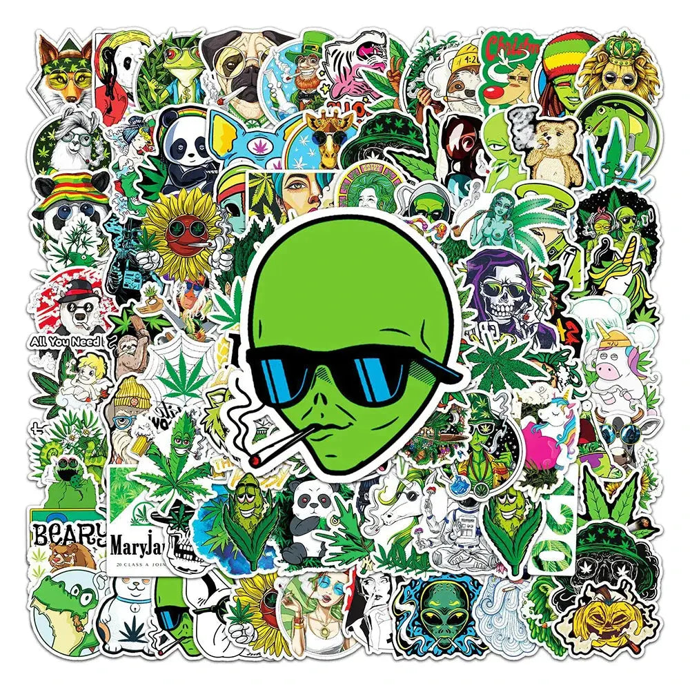 Funny smoking weed hemp leaves stickers with cartoon designs for laptops, bikes, and more.